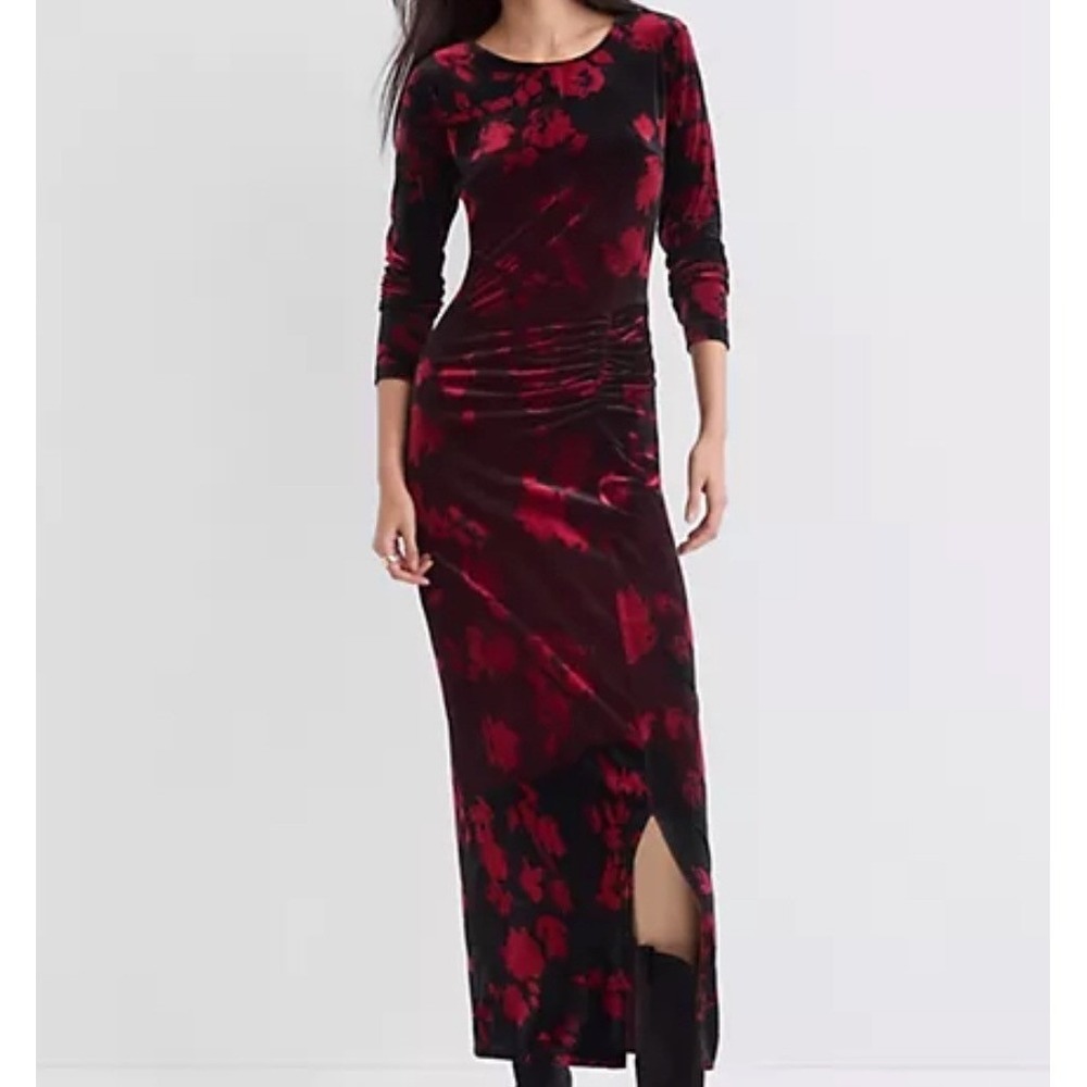 LOFT Red Black Floral Velvet Ruched Maxi Dress Size 14 Whimsigoth Dark Fairy NWT
